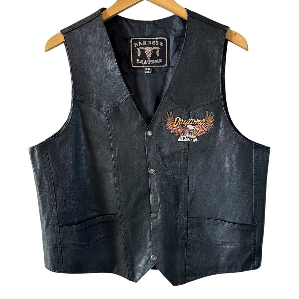 Vintage Barney's Leather Daytona 2003 Black Leather Biker Vest Size XXL Moto